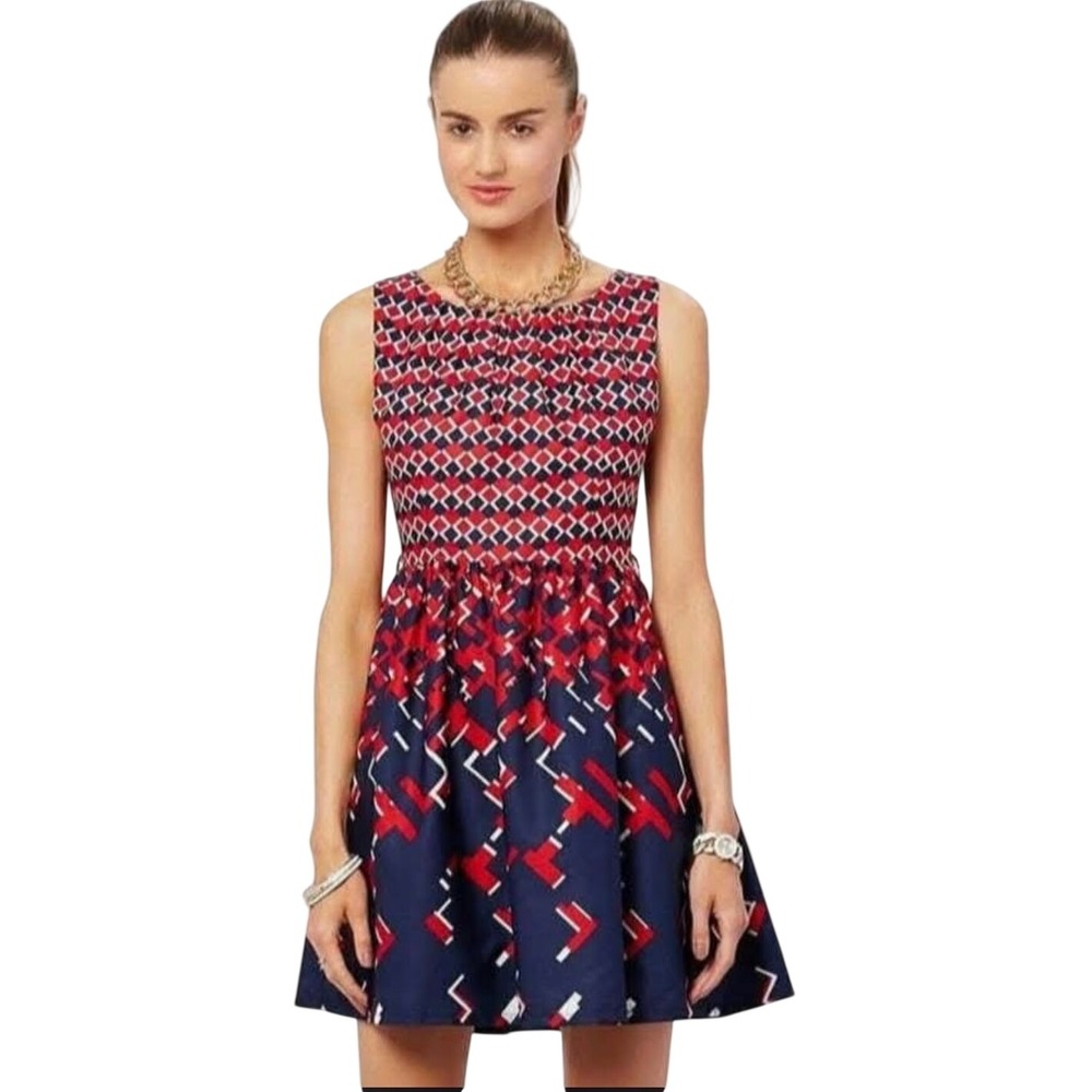 (B4) Charming Charlie Medium Red Navy Blue Geometric Fit & Flare Mini Dress